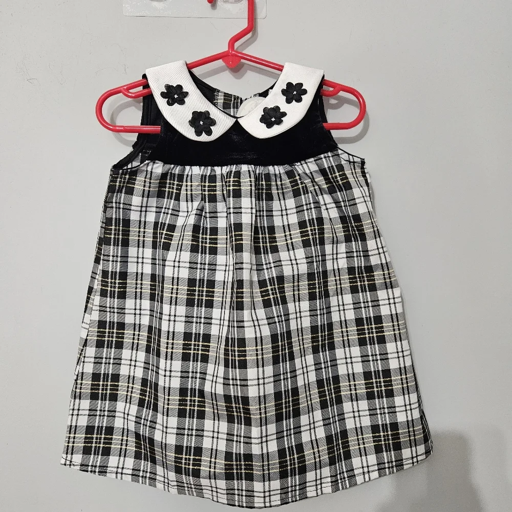 Plaid Velvet Dress 24M‎ Holiday Christmas Black White Rose Applique Baby Girl